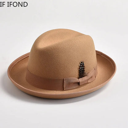 New British Style Wool Felt Fedora Hats for Men Roll Up Brim Homburg