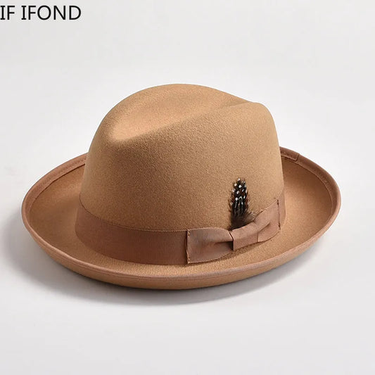 New British Style Wool Felt Fedora Hats for Men Roll Up Brim Homburg