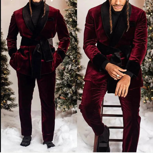 Burgundy Velvet Men Suits Slim Fit Shawl Lapel Mens Suit Blazers