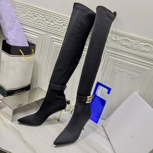 Stretch Fabric Women's Over The Knee Boots Luxury Metal Button Design