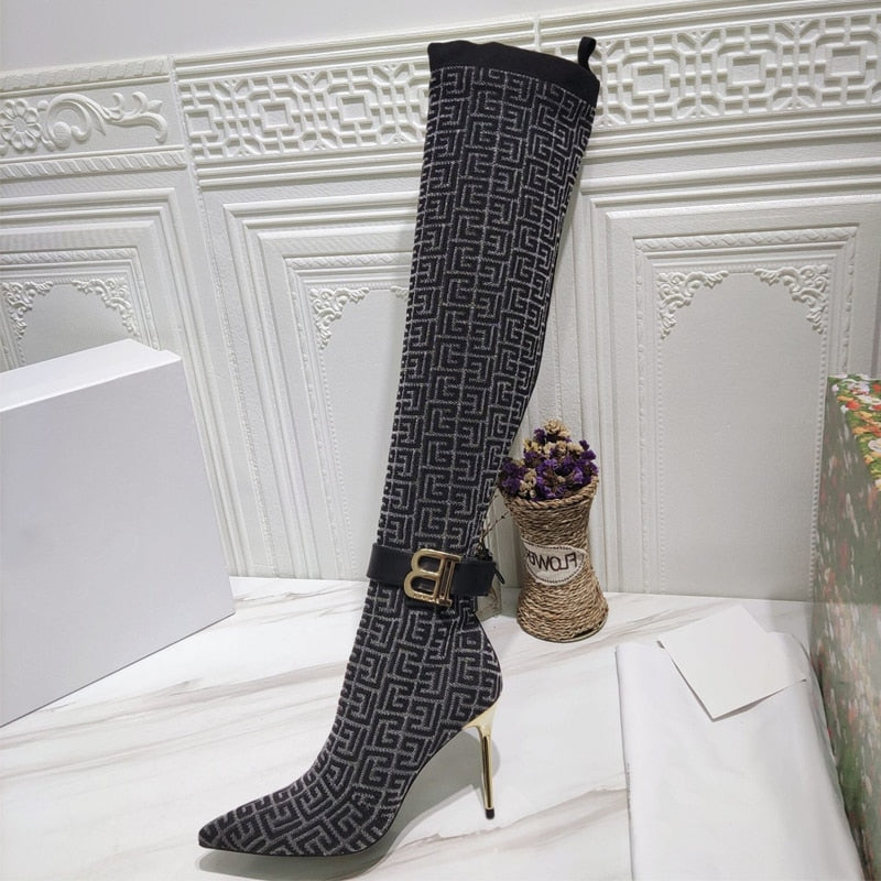 Stretch Fabric Women's Over The Knee Boots Luxury Metal Button Design