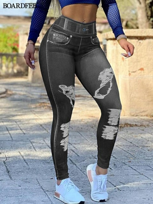 Women Faux Jeans Seamless Butt Lifting Leggings Long Pants Causal High