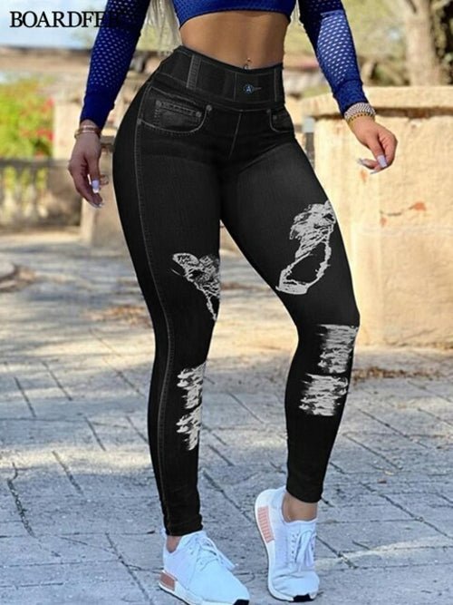 Women Faux Jeans Seamless Butt Lifting Leggings Long Pants Causal High