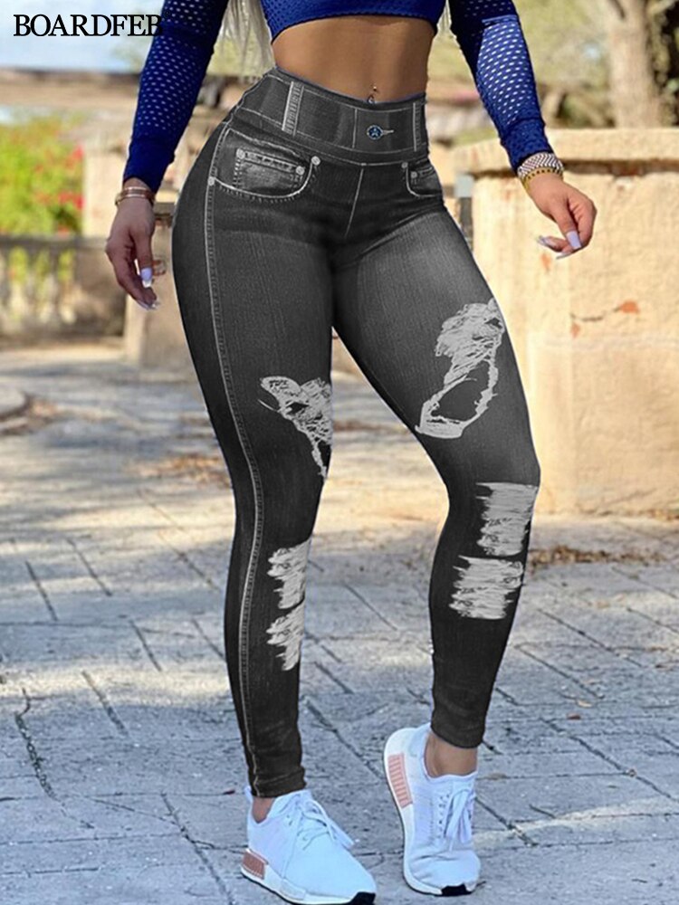 Women Faux Jeans Seamless Butt Lifting Leggings Long Pants Causal High