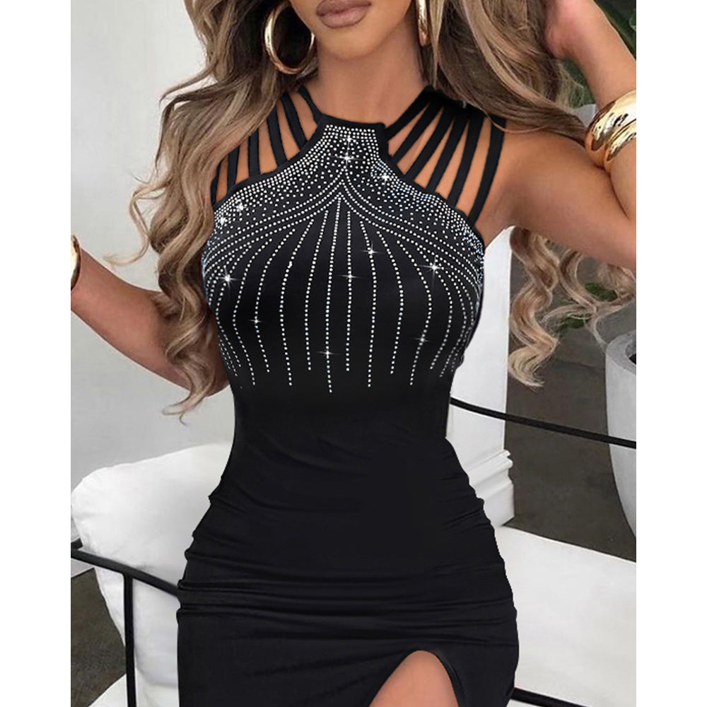 Rhinestone Decor Multi-Strap High Slit Dress