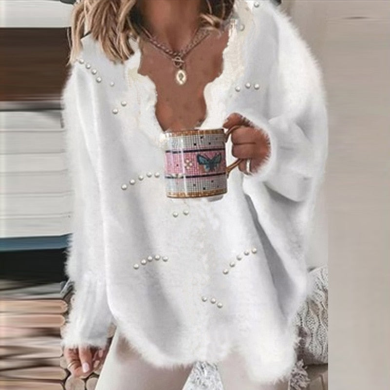 Suéter suave con cuello en V para mujer, suéter de moda de encaje, Tops de invierno