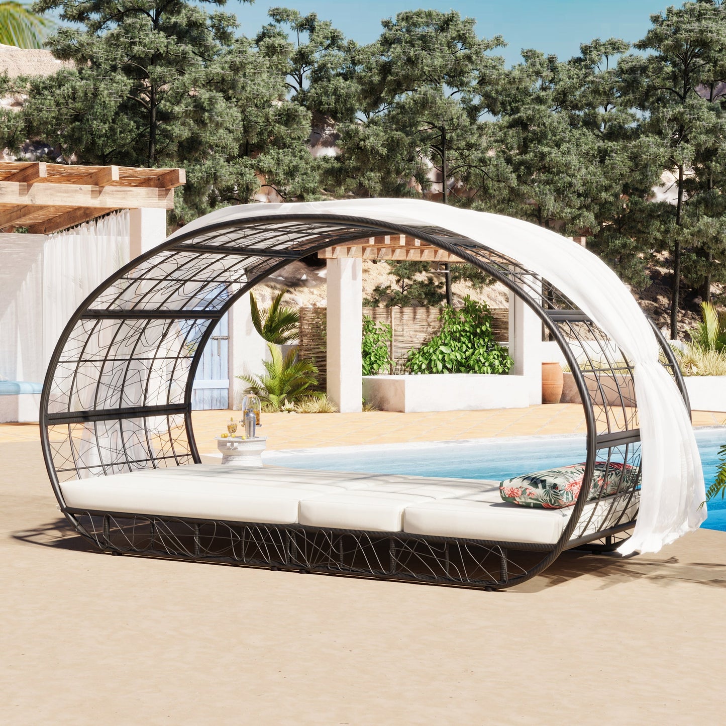 91" Outdoor Patio Daybed with Curtain, Sunbed with Cushion