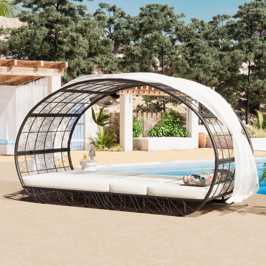 91" Outdoor Patio Daybed with Curtain, Sunbed with Cushion