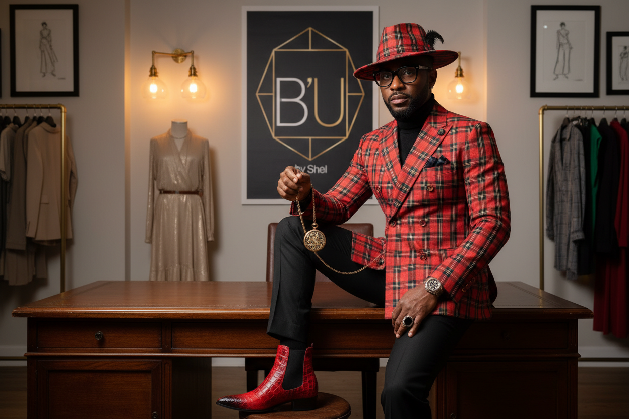 Black man with plaid patterned red and black double breasted suit with matching red and black Fedorea type hat with feather ancle boot type shoe with red fading ito the black on the top foot area and crocodile pattern on entire shoe obvious pocket watch in his hand with chain attached to trousers cat glasses giant onyx ring with rubies surrounding it he should  sitting on the edge of a desk in our signature B'U by Shel clothing studio with B'U by Shel giant logo poster  on the wall behind him 