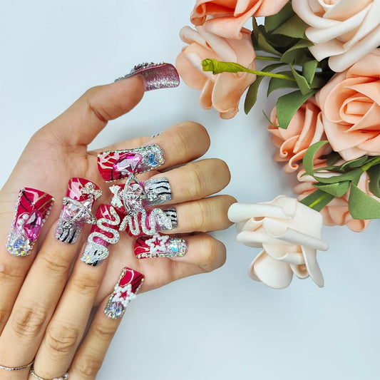 GGddsha Vermilion Duck Nails Medium Square Fake Nailswith Stars Butterflies Snake Designs Handmade Pmmaacrylic Glossy Reusable Fake NailsScarlet Serpent Eclat