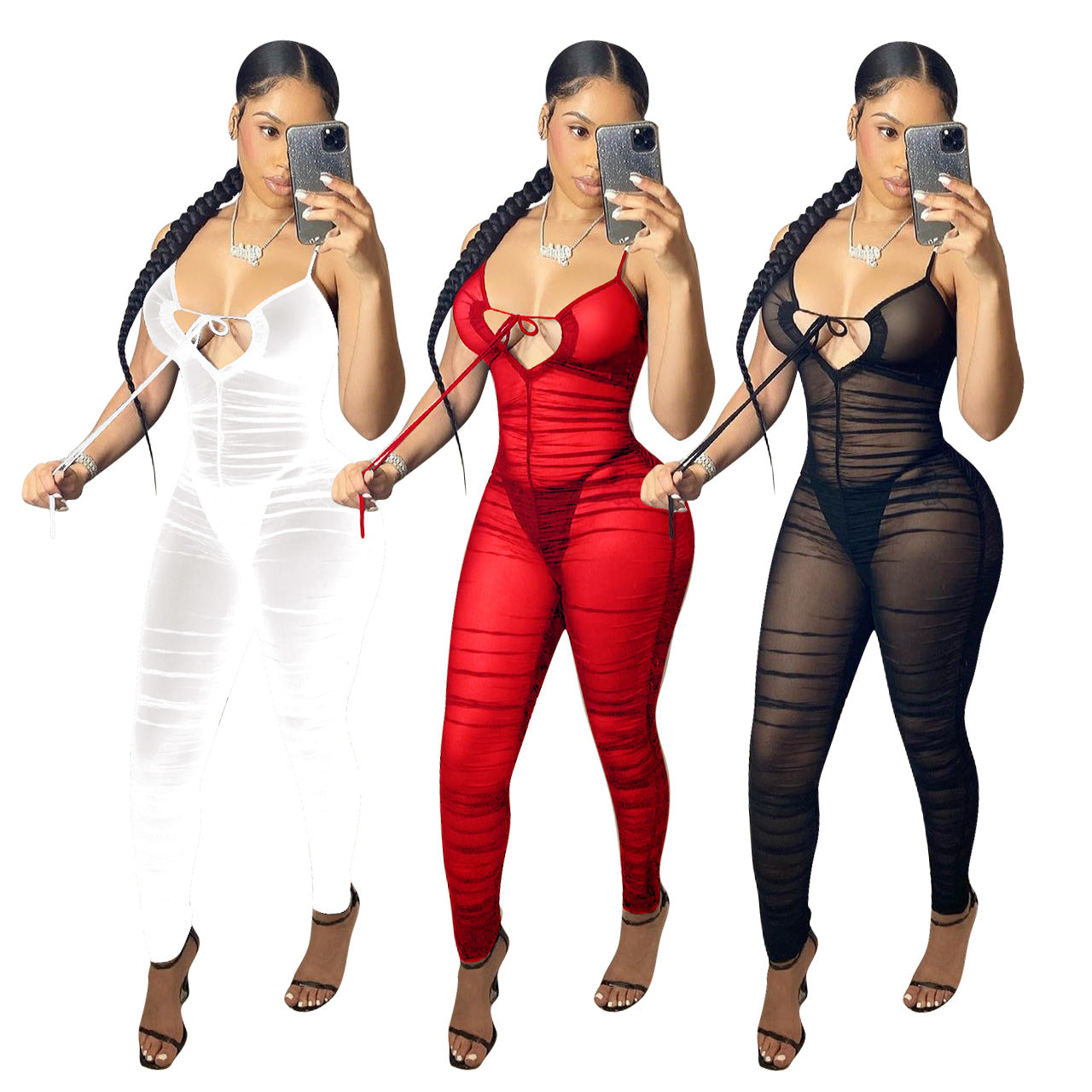 Beyprern Sheer Mesh Ruche Style Women's Jumpsuit