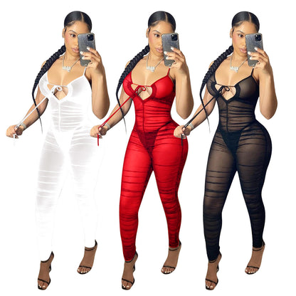 Beyprern Sheer Mesh Ruche Style Women's Jumpsuit