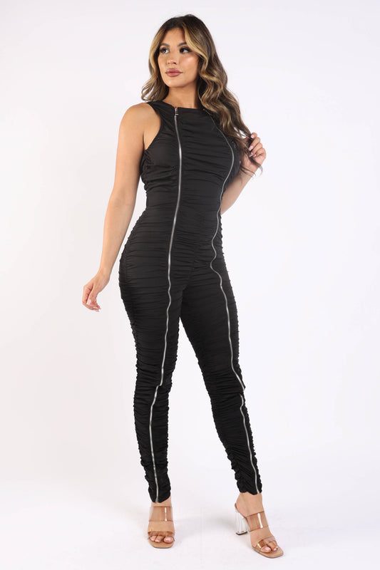 Track Zipper Ruched Jumpsuit Ruffle Dress Bodycon Jumpsuit BLACK