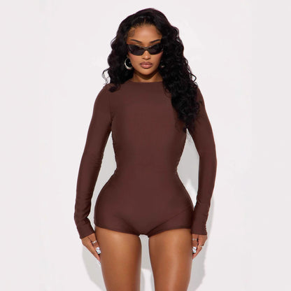 High-elastic Crewneck Long-sleeve Tight-fitting Casual Sports Jumpsuit
