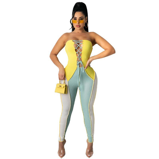 Strapless Contrast Color Long Jumpsuits Womens Sexy Hollow Out Bandage