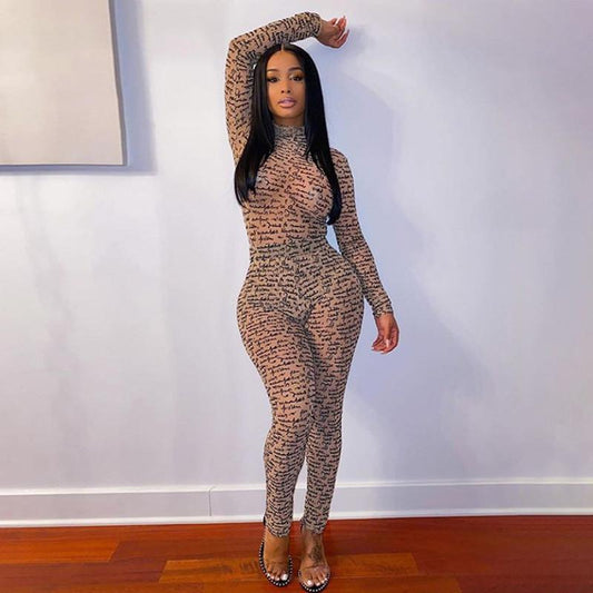 Printed Sexy See Through Stretchy Jumpsuit Women Turtleneck