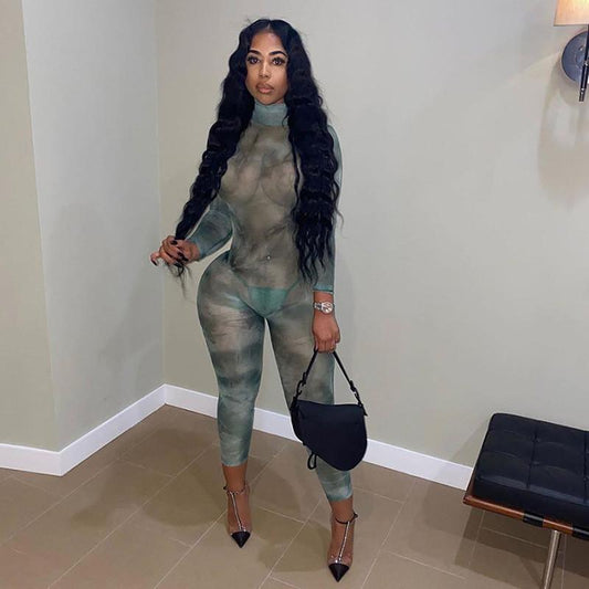 Mesh See Through Bodycon Two Piece Sets Women Backless Turtleneck